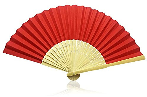 Vruti's Red Paper Foldable Hand Held Bamboo and Wooden Fan