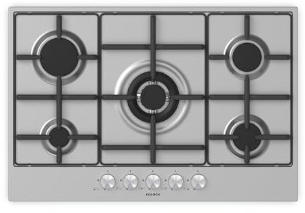 SCHOCK | Piano Cottura 5 Fuochi Gas Silver PC75 con Manopole Milleluci, Griglie in Piattina, Valvole di Sicurezza, Inox, 740x500 mm