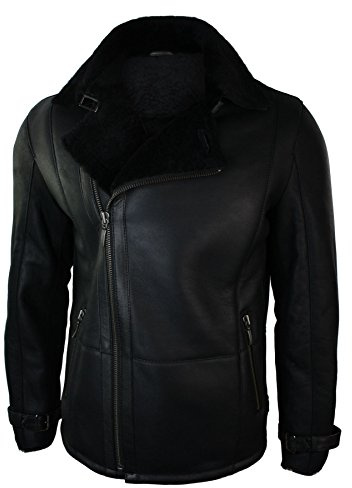 TruClothing Mens Winter Real Sheepskin Black Mid Length Fitted Designer Jacket Cross Zip
