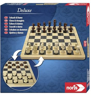 noris 606104577 Deluxe Schach & Dame, Der Spiele Klassiker in hochwertiger Holzausführung mit Holz Figuren und Brett, ab 6 Jahren, Schwarz