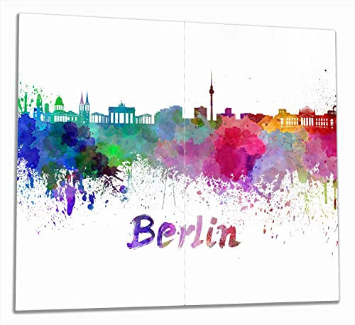 Wallario Herdabdeckplatte/Spritzschutz aus Glas, 2-teilig, 60x52cm, für Ceran- und Induktionsherde, Städte als Aquarell - Skyline von Berlin