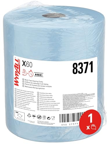 WypAll X60 Reinigungstücher 8371, blau, Putzpapierrolle, 1x500 Tücher | Papierrolle Werkstatt, Einweg-Wischtücher, für mittelschwere Reinigungsaufgaben, Großrolle, 1 Rolle x 500 Tücher