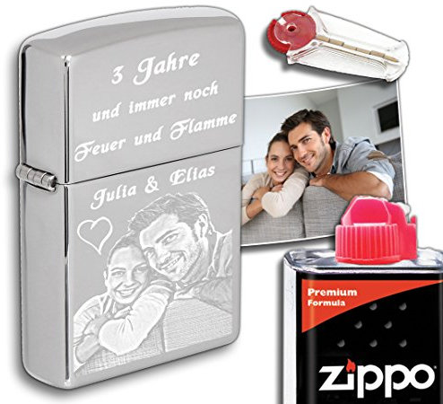 3Dglas Original ZIPPO mit deinem Foto | inkl. Geschenkset (Flints, Benzin) |Chrom poliert, Chrome high Polished | Gravur von deinem Foto