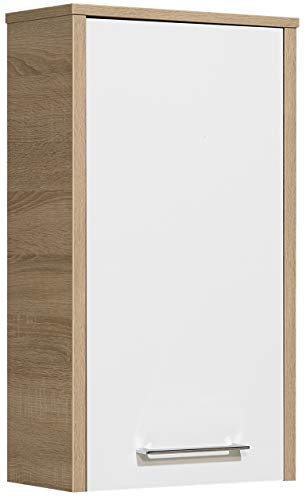 Pelipal Badezimmer Hängeschrank Quickset 382 in Weiß Hochglanz/ Eiche Natur quer Nachbildung, 40 cm breit | Bad Wandschrank mit 1 Tür und 2 Einlegeböden