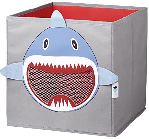LOVE IT STORE IT Aufbewahrungsbox Kinder - Kallax Einsatz aus Stoff - Verstärkt mit Karton - Mit Sichtfenster - Grau mit Haifisch - 30x30x30 cm