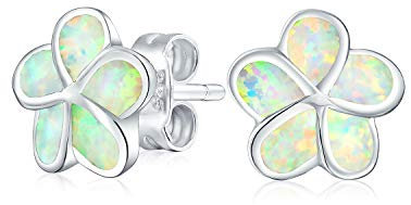 Weiße Plumeria Blume Opal Ohrstecker Ohrringe Für Frauen .925 Sterlingsilber 10Mm Oktober Geburtstag Stein