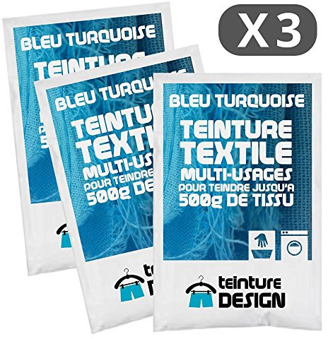 Lote de 3 sobres de Tinte Textil - AZUL TURQUESA - tintes universales para ropa y tejidos naturales