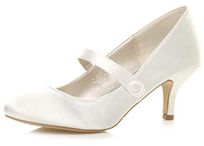 AJVANI Low mid Heel Mary Jane Strap Work Party Court Shoes Size 8 41 White Satin