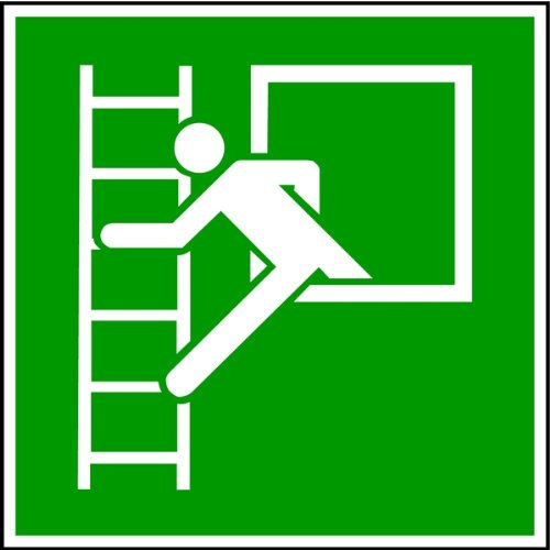 LEMAX® Aufkleber Rettungszeichen, Notausstieg mit Fluchtleiter E016 DIN EN ISO 7010 Folie selbstklebend, langnachleuchtend grün/weiß 200x200mm