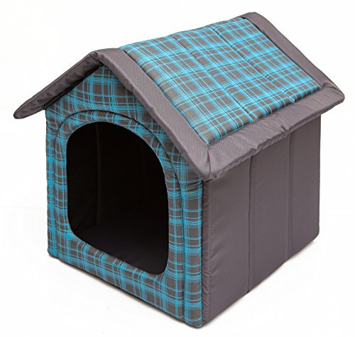 HobbyDog Hundehaus Hundehütte für mittelgroße Hunde - Katzenhaus, Katzenhöhle - mit herausnehmbarem Dach - Tierhaus für Katzen und Hunde für Drinnen/Indoor 60 x 55 x 60 cm [XL] Blau Kariert
