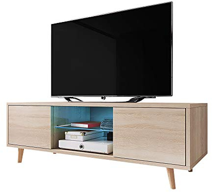 Selsey Rivano - Meuble TV Bas 140 cm Chêne Sonoma LED Bleu