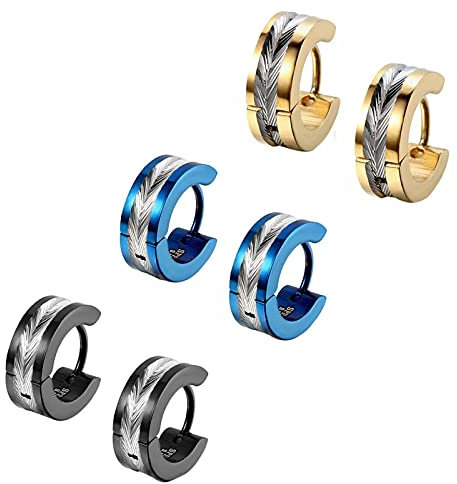 Flongo 3 Paires Boucle d'Oreille Acier Inoxydable Rond Charnière Plume Clou d`oreille Couleur Bleu Noir Doré Bling Classique Poli Fantaisie Bijoux Cadeau pour Homme