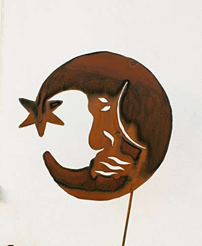 Gartendekoshop24 – Gartenstecker Mond, Beetstecker 120 cm, aus Edelrost. Gartenstab Figur Mond, handgefertigt. Dekorative Gartendeko für draußen. Mondgesicht, Rost Gartenstecker.