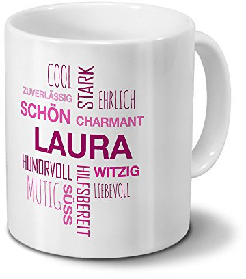 printplanet Tasse mit Namen Laura Positive Eigenschaften Tagcloud - Pink - Namenstasse, Kaffeebecher, Mug, Becher, Kaffeetasse