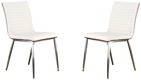 Armen Living Café Dining Chair Set of 2 in White Faux Leather and Brushed Stainless Steel Finish