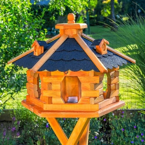 Deko-Shop-Hannusch Vogelhaus wahlweise mit Ständer und Solarbeleuchtung, Verschiedene Größen L - XXL und Dachfarben möglich, Futterhaus mit Futtersilo und wetterfestem Bitumendach, Holz, V16