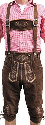 Hirschberger Trachten Lederhose Enzian Dunkelbraun Wildleder Kniebund
