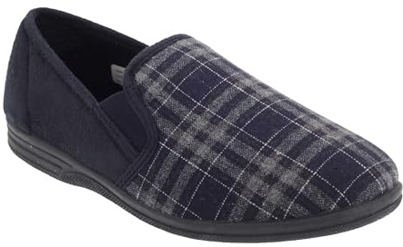 Mens Navy and Check Felt Gusset Slipper - Harley - Navy/Check - Navy/Check - size UK Mens Size