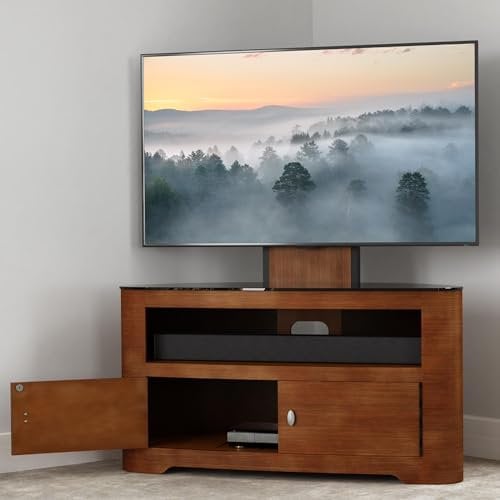 AVF Curved Wood TV Stand - Blenheim 1000mm Wide Floorstand Combi Unit Upto 65, With Universal VESA Mount, Walnut & Black Glass, Open & Closed Storage