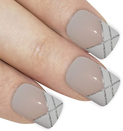 Falsche Nägel Bling Art Silber Weiß 24 Squoval Kunstnägel Mittel Tipps mit Kleber