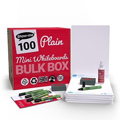 Show-me - Mini Whiteboards A4 Bulk Box | 100 Small Portable Whiteboards with Markers & Erasers | Double-Sided SurfaceShield Technology with 2-Year Surface Guarantee