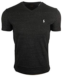 POLO RALPH LAUREN Men's Classic Fit V-Neck T-Shirt (Large, Black Heather (White Pony))