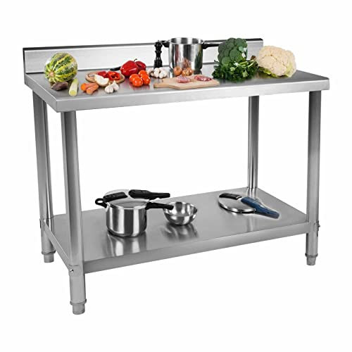 Royal Catering Table De Travail Cuisine Plan Professionnel Table Préparation Confection Boucher avec Tablette Étagère Dosseret RCAT-100/60-S (Capacité : 114 kg (90 kg + 24 kg), Pieds Réglables, INOX)