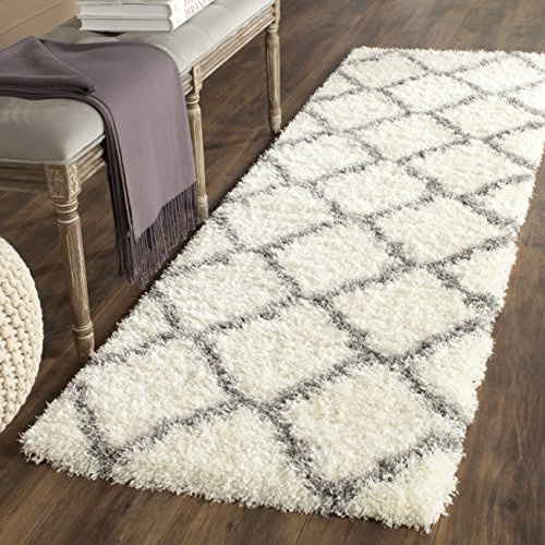 SAFAVIEH Montreal Shag Collection Runner Rug - 2'3 x 7', Ivory & Grey, Trellis Design, Non-Shedding & Easy Care, 2-inch Thick Ideal for High Traffic Areas in Living Room, Bedroom (SGM866B)