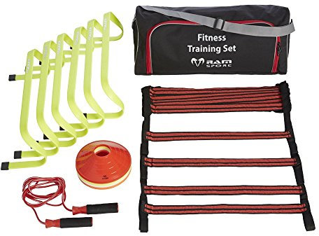 RAM Sports - Top Koordinationstraining Set für Indoor Outdoor Training - 6X Hürden, 5m Trainingsleiter, 20x Hütchen und Springseil