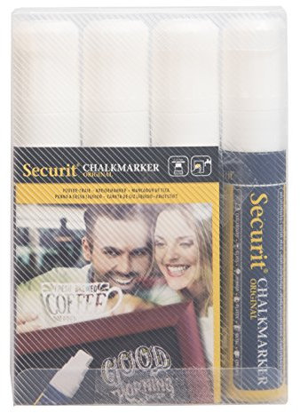 SECURIT - Lot de 4 Marqueurs à Craie Liquide - Pour Surfaces Non Poreuses (Tableau Noir, Verre, Métal, Miroir…) - Pointe Large 7-15 mm - Blanc