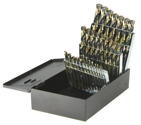 Drillco 350N Series Nitro 29 Piece High-Speed Steel Mechanics Length Drill Bit Set, Black and Gold Oxide Finish, Round with Flats Shank, Spiral Flute, 135 Degrees Split Point, 1/16 - 1/2 in 1/64 increments