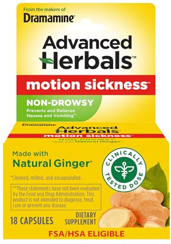 From the Makers of Dramamine, Advanced Herbals with Natural Ginger, for Nausea Relief, Morning Sickness Relief & Motion Sickness Relief During Travel, 18 Capsules