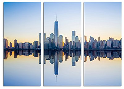 Paul Sinus Art 130x90cm – Keilrahmenbild Skyline New York Spiegelung Abendlicht 3teiliges Wandbild auf Leinwand und Keilrahmen - Fotobild Kunstdruck Artprint