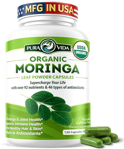 PURA VIDA MORINGA Organic Moringa Capsules, Pure Moringa Leaf Powder Single Origin for Energy, Metabolism & Immune Support, 120ct, 500mg Caps
