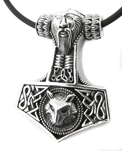 Anhänger Thors Hammer mit Thor und Wolf 925 Sterling Silber L 3,2 cm