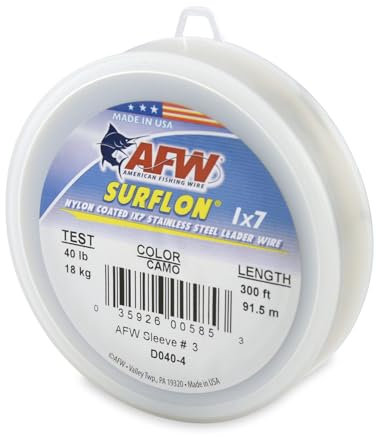 American Fishing Wire Surflon, Nylon Coated 1x7 Stainless Steel Leader Wire, 40 lb Test, .028 Diameter, Camo, 300 ft