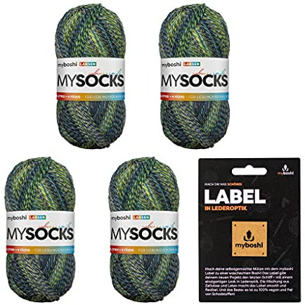 myboshi mysocks, 4-fädige Sockenwolle, Schurwolle, strapazierfähig, langlebig, filzfrei, Aloe Vera behandelt, inkl Label in Lederoptik, Grün (Larsen) 4 Knäuel