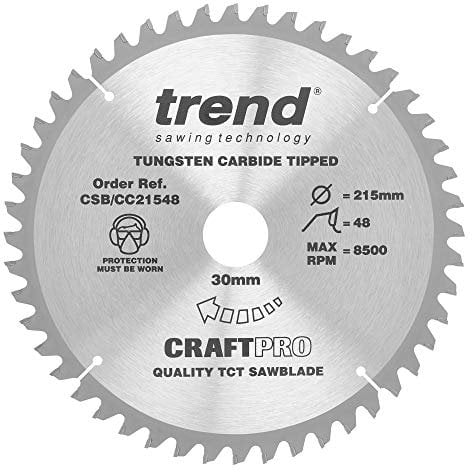 Trend Wood Mitre Saw Blade, 215mm Diameter, 30mm Bore, 48 Teeth, 2.6mm Kerf, -5° Hook, TCT, Medium/Fine Finish, CSB/CC21548