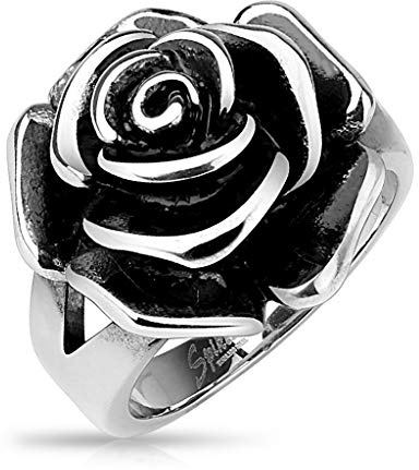 BlackAmazement Anello da donna in acciaio inossidabile 316L con fiore di rosa in argento massiccio gotico
