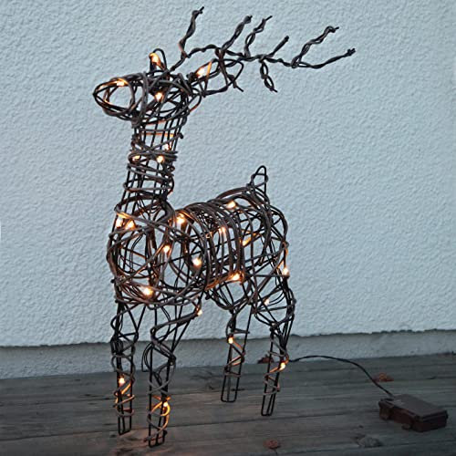 LED-Rattan-Rentier Deer ca. 50 x 36 cm, 26 warm white LED Material: Metall/ Kunststoff braune Rattanoptik, Outdoor Timer, batteriebetrieben,