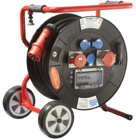 as - Schwabe Mammut Kabeltrommel 30m H07RN-F 5G4 mit CEE Stecker 400V/32A, 3x Schutzkontaktsteckdosen 230V/16A, 1x CEE Steckdose 230V/16A 1x 400V/32A, FI und LS Schalter, Fahrgestell, IP44, 26202