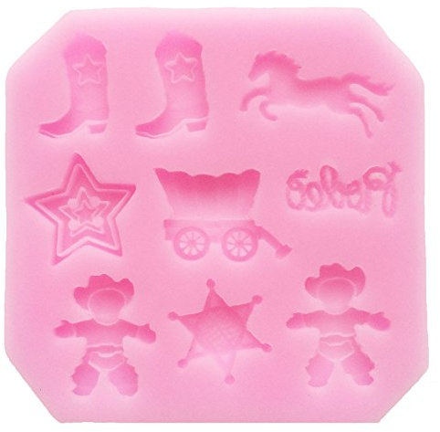 Cowboy Silikonform Schokolade Keks Silikonformen Fondant Deko Silikon Backform Seifenform Silikon-Polymer-Ton Formen Schokoladenform Kerzenform Harzform Wachsform Tonform schließen Cowboy-Stiefel, Pferd, Kuh Junge Sherriff Abzeichen, Schlitten, rodes, cow