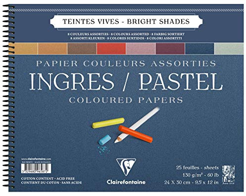 Clairefontaine 96587C Zeichenblock Ingres (mit Spiralbindung, 25 Blatt, 130 g, gekörnt, 24 x 30 cm, mit Trennblättern, ideal für Trockentechnik) 8 kräftige Farben