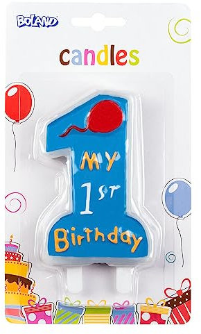 Boland 63411 - Geburtstagskerze My 1st Birthday, Zahl 1, mit Kerzenhalter, Stecker, Blau, 1. Geburtstag, Luftballon, Zahl 1, Kindergeburtstag, Minikerzen, Tortenkerze, Kuchen, Kindergarten