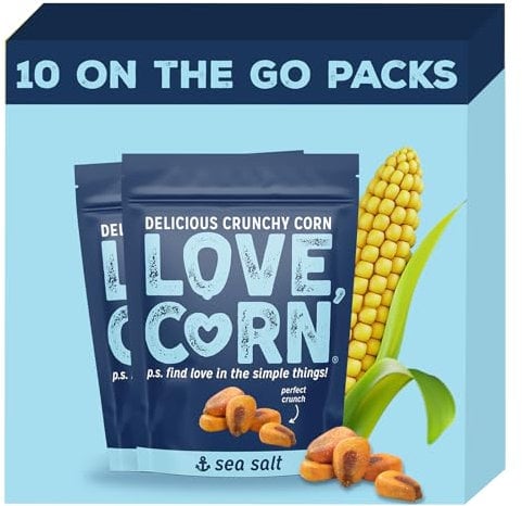 LOVE CORN Sea Salt Crunchy Corn Snack 45g x 10 Bags – Healthy Snacks Ideal for Gluten Free & Vegan Diets – Low Sugar Alternative for Crisps, Mixed Nuts & Pretzels – Perfect To Graze On