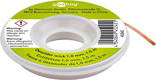 Goobay 45245 Entlötlitze 1mm reines Kupfer Entlötdraht zur Lötzinn Entfernung an Lötstellen Entlöten ideale Wärmeleitfähigkeit Lötlitze 1,5 m Spule