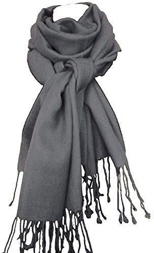 nella-mode XXL Wollschal (205x70 cm inkl Fransen); Feiner & weicher unifarbener Schal Tuch Stola aus 100% Wolle Damenschal in vielen Farben zur Auswahl (Dunkelgrau)