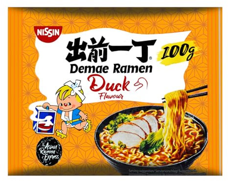 Nissin Demae Ramen – Ente, Einzelpack, Instant-Nudeln japanischer Art, mit Entenfleisch-Geschmack, Knoblauch & asiatischen Gewürzen, schnell & einfach zubereitet, asiatisches Essen (1 x 100 g)