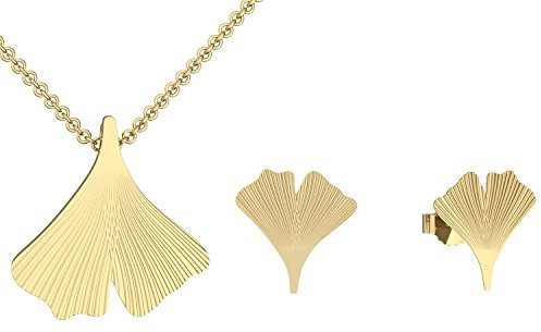 Ginkgoblatt Schmuckset Anhänger und Ohrstecker in Gold hochwertig vergoldet! *inkl. Luxus-Etui + * Kettenanhänger Damen Gingko Ohrstecker Gingko Blatt glänzend Ohrring FF200 VGGG45