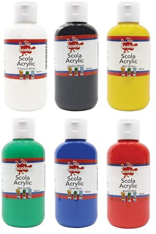 Scola Acrylic Paint, 6 Assorted Colours, 150ml Bottles, Semi Gloss Finish, School Supplies, Art and Crafts Projects, Children's Craft Projects, Ideal for Kids